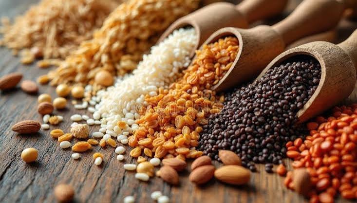Assorted nuts, sesame seeds and food ingredients